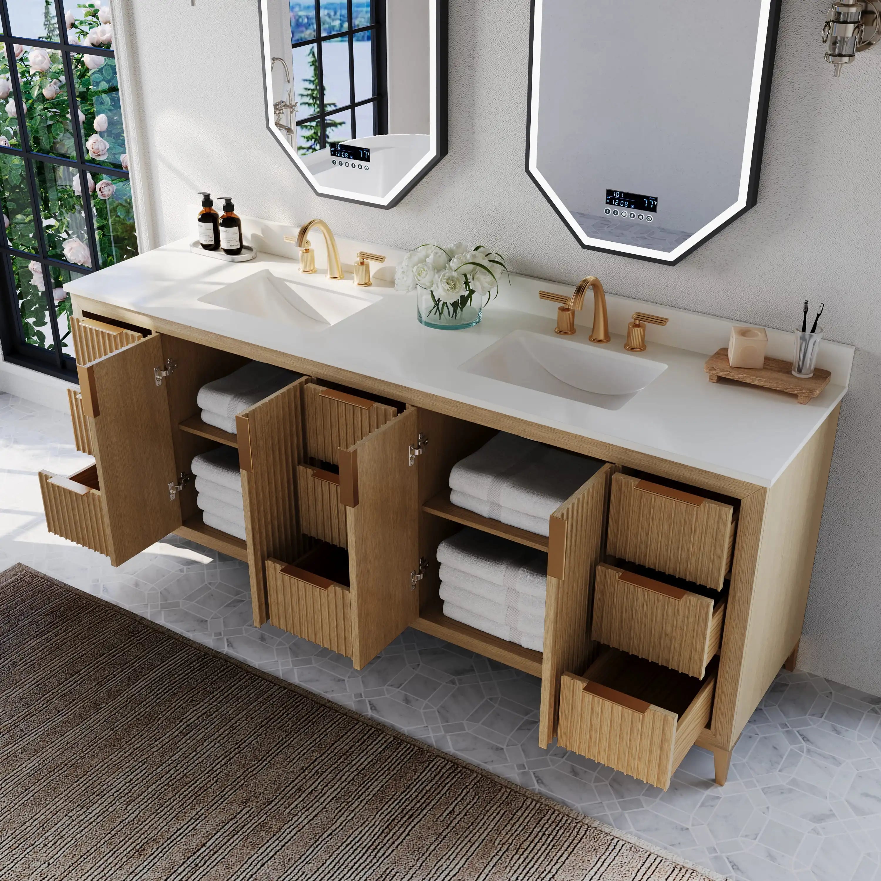 Turlington 84" Double Sink Bathroom Vanity with Alpine White Quartz Top