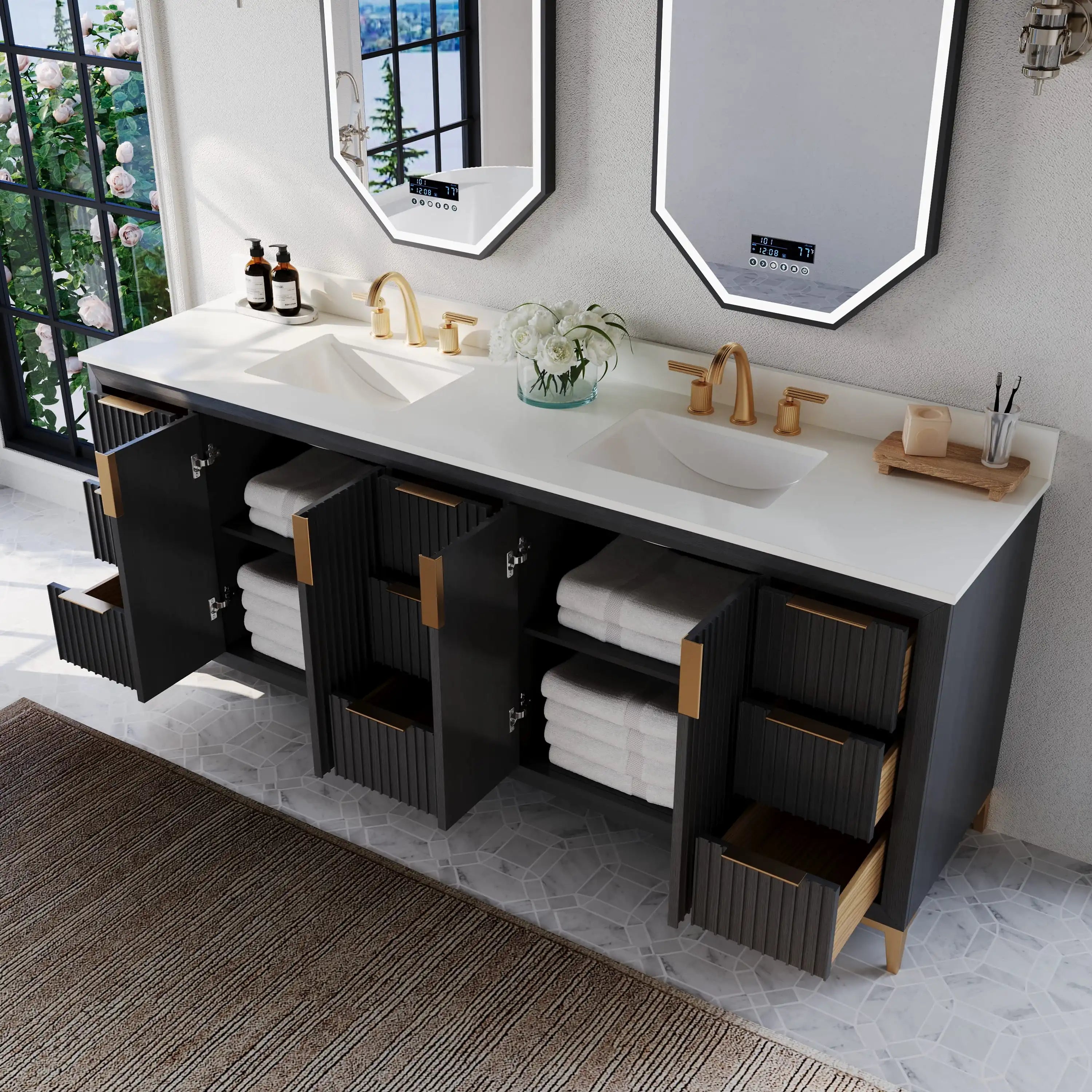 Turlington 84" Double Sink Bathroom Vanity with Alpine White Quartz Top