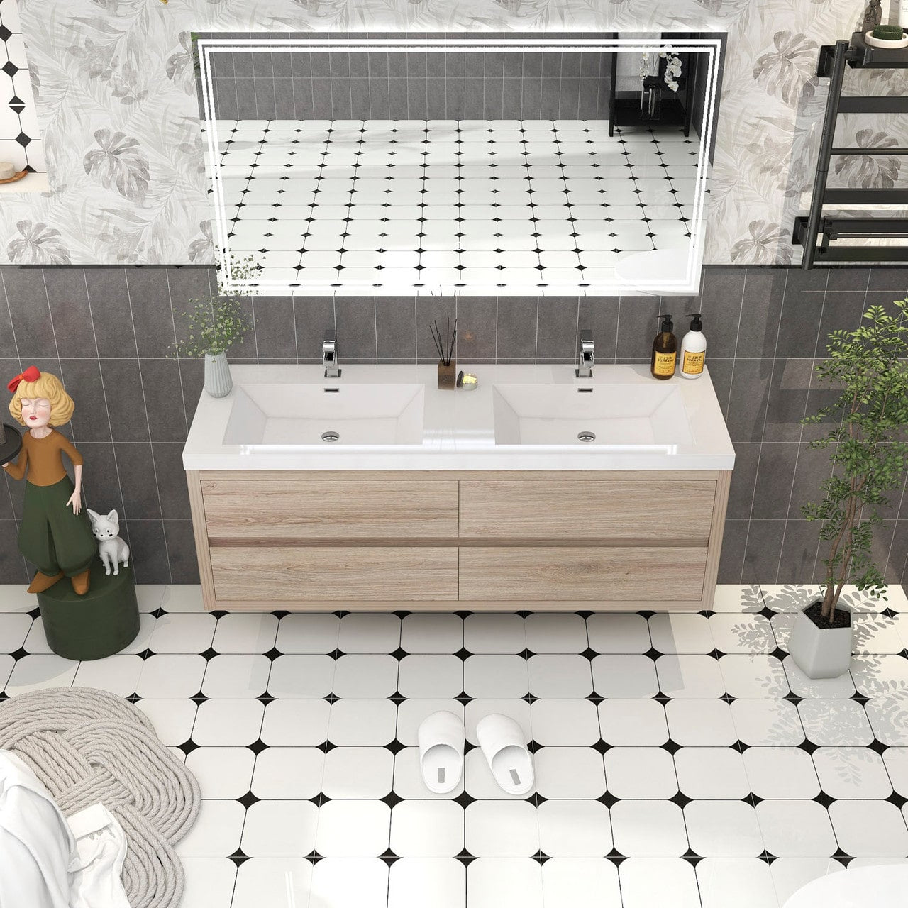Louis 60" Modern Wall-Mounted with Double Sink