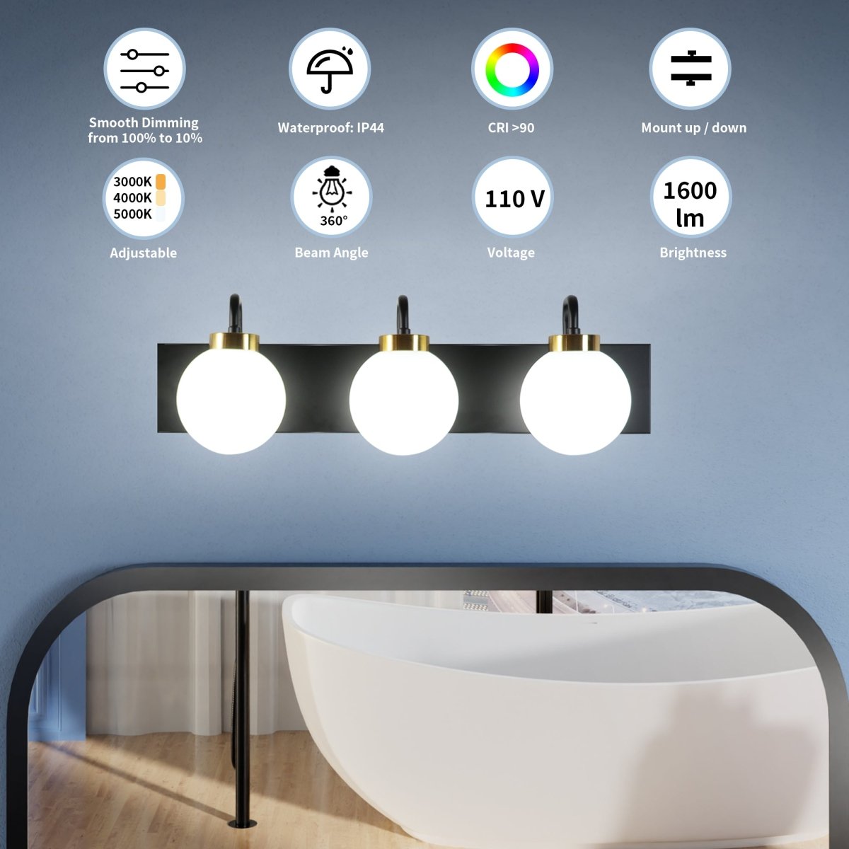 Modern 24" 3-Light LED Vanity Light with Dimmable Switch & Tri-Color Temperature