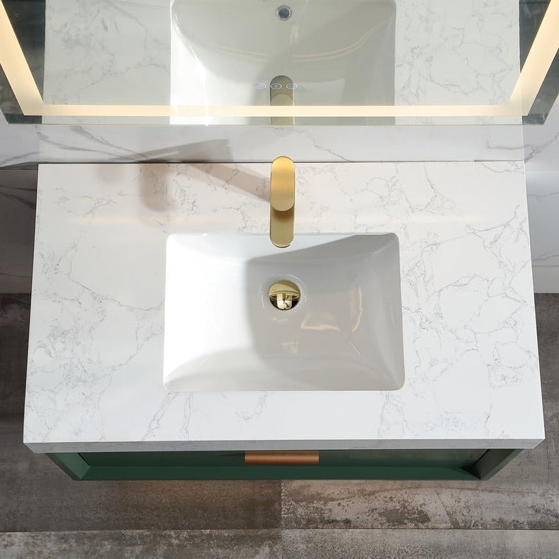 Glam 36" Green Modern Floating Bathroom Vanity Stone Slab Countertop - Luxury Bathroom Vanity