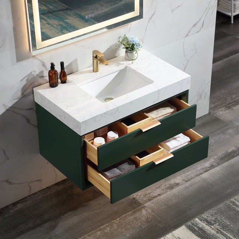Glam 36" Green Modern Floating Bathroom Vanity Stone Slab Countertop - Luxury Bathroom Vanity