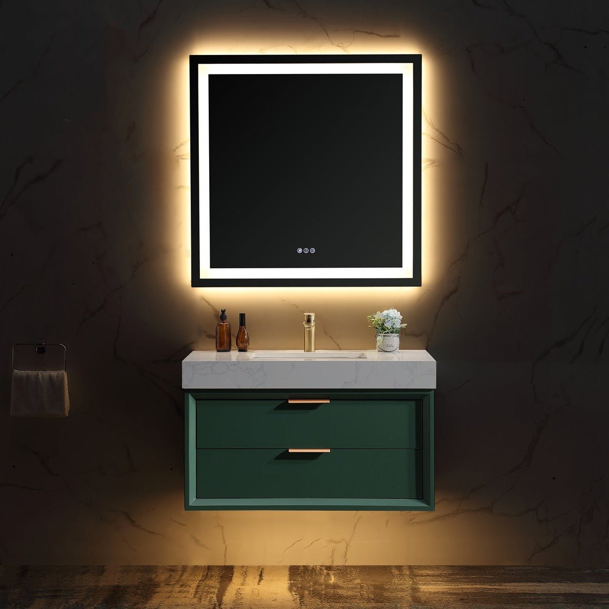 Glam 36" Green Modern Floating Bathroom Vanity Stone Slab Countertop - Luxury Bathroom Vanity