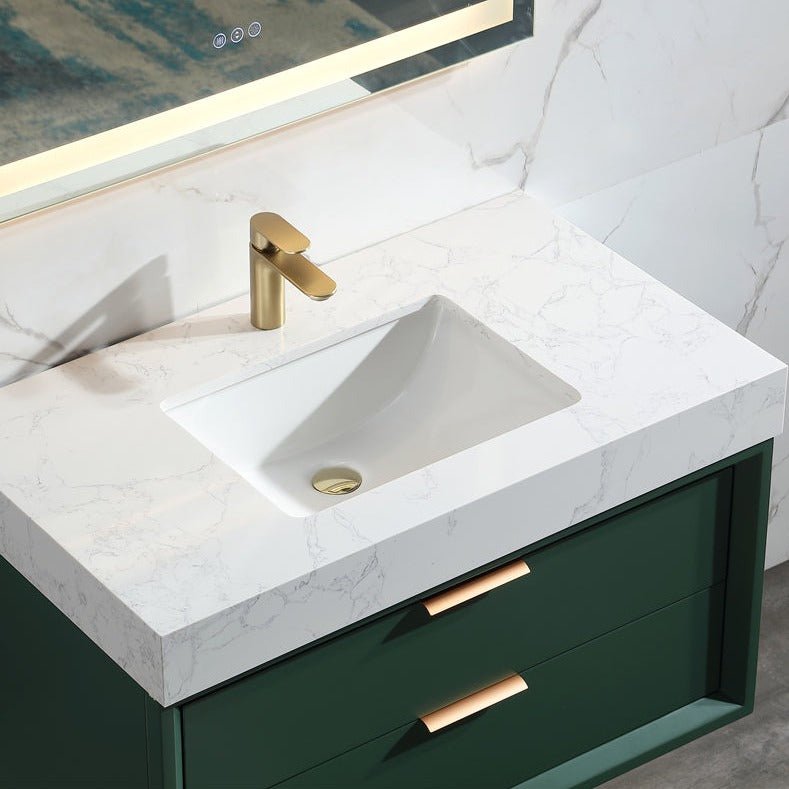 Glam 36" Green Modern Floating Bathroom Vanity Stone Slab Countertop - Luxury Bathroom Vanity