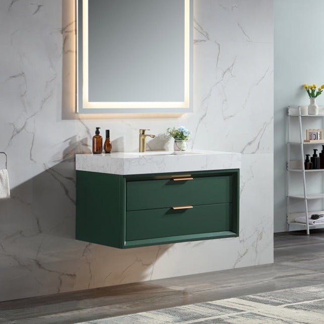 Glam 36" Green Modern Floating Bathroom Vanity Stone Slab Countertop - Luxury Bathroom Vanity