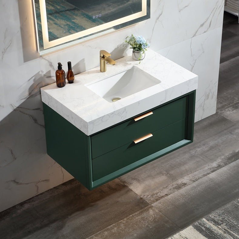 Glam 36" Green Modern Floating Bathroom Vanity Stone Slab Countertop - Luxury Bathroom Vanity