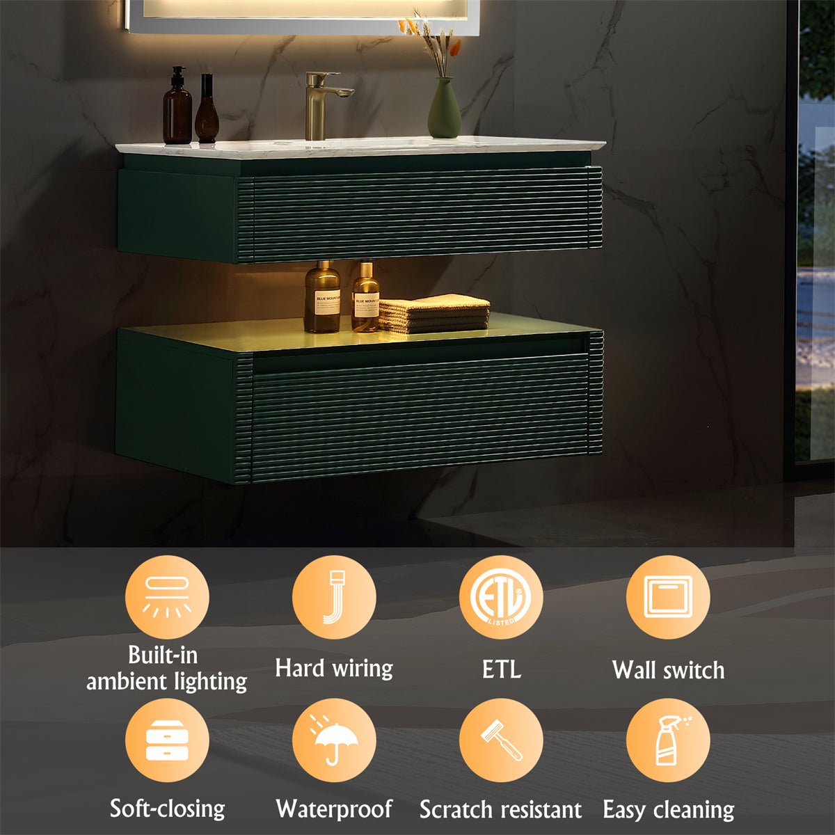 Segeo 36" Modern Luxury Solid Oak Floating Bathroom Vanity and Marble Countertop