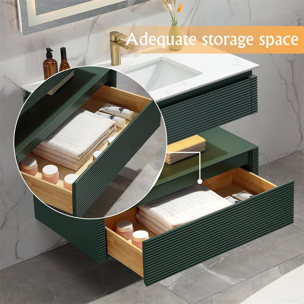 Segeo 36" Modern Luxury Solid Oak Floating Bathroom Vanity and Marble Countertop