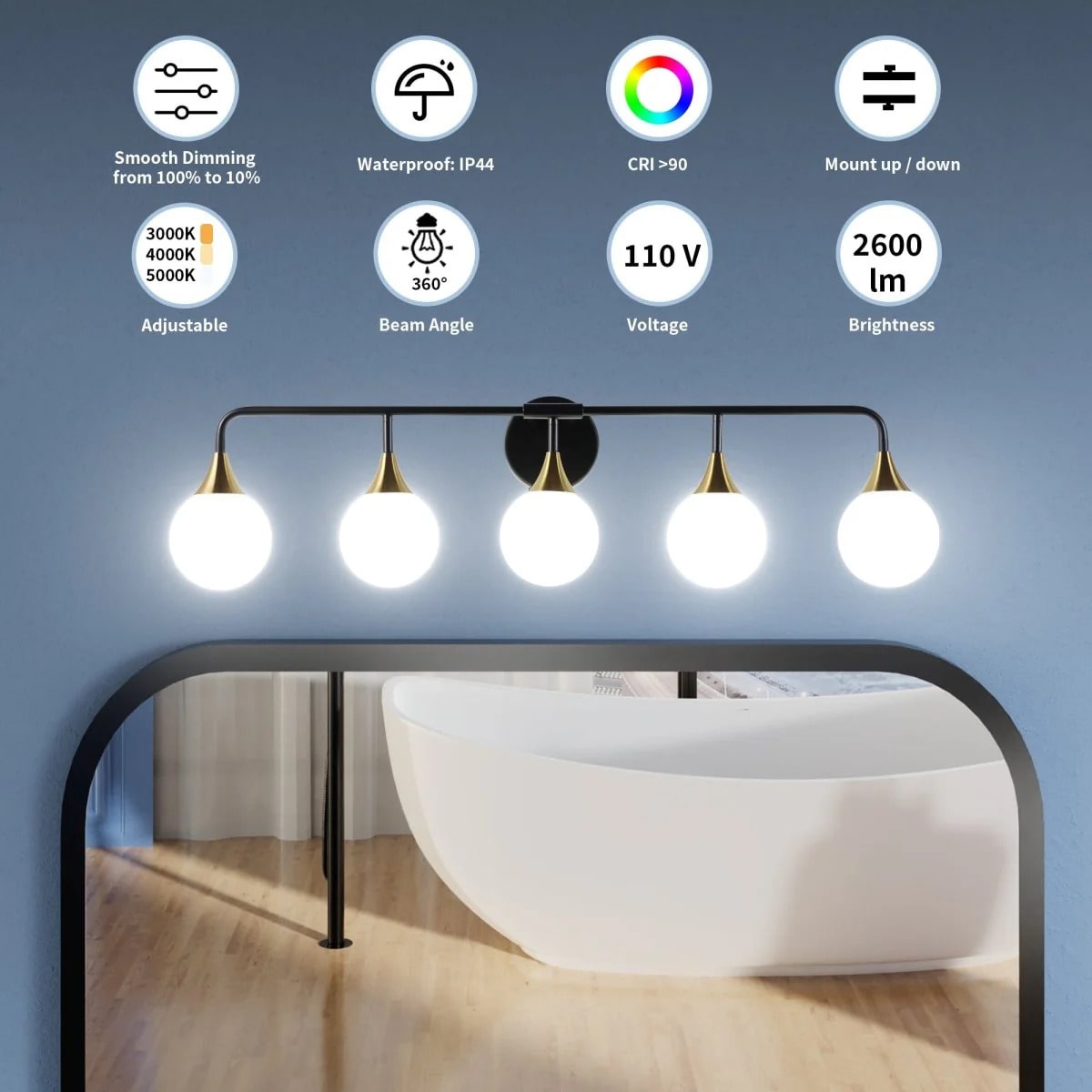 Modern 38" 5-Light LED Vanity Light with Dimmable Switch & Tri-Color Temperature