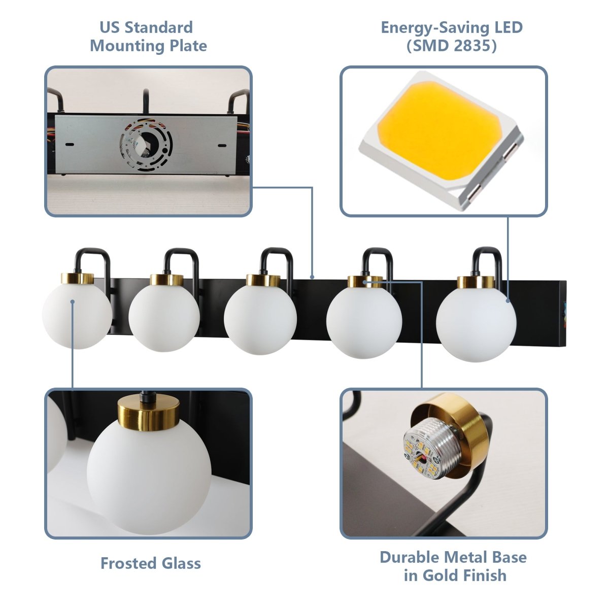 Modern 40" 5-Light LED Vanity Light with Dimmable Switch & Tri-Color Temperature