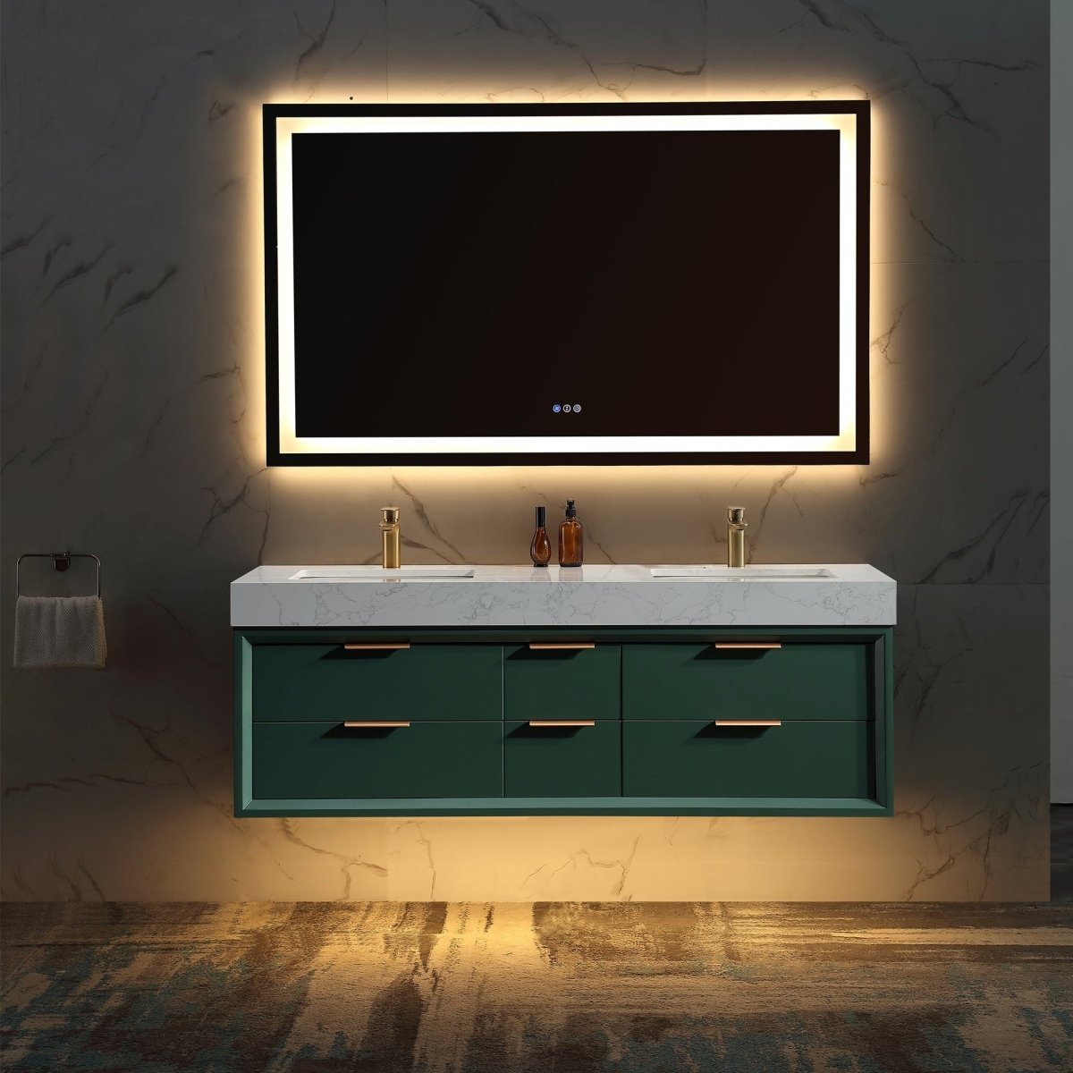 Glam 60" Green Modern Floating Bathroom Vanity Stone Slab Double Countertop - Luxury Bathroom Vanity