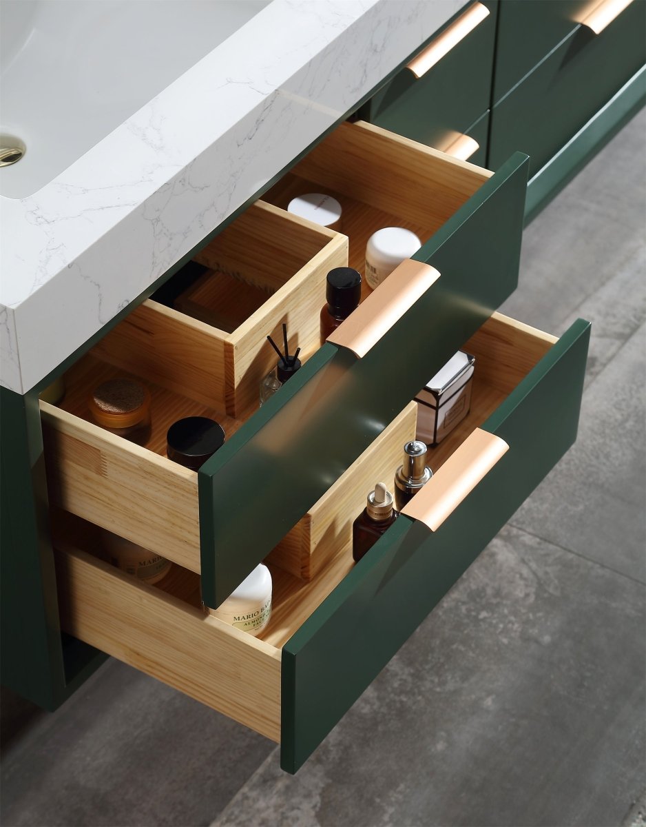 Glam 60" Green Modern Floating Bathroom Vanity Stone Slab Double Countertop - Luxury Bathroom Vanity