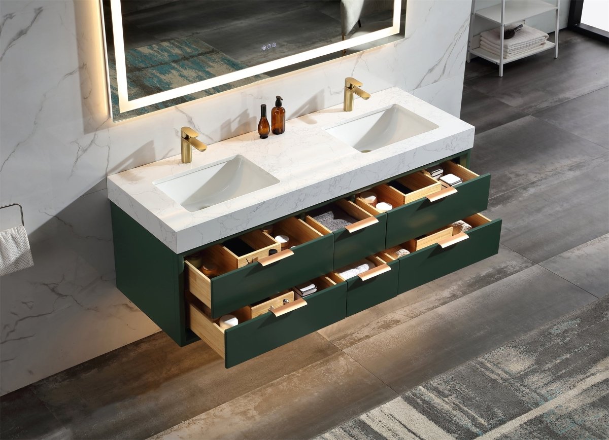 Glam 60" Green Modern Floating Bathroom Vanity Stone Slab Double Countertop - Luxury Bathroom Vanity