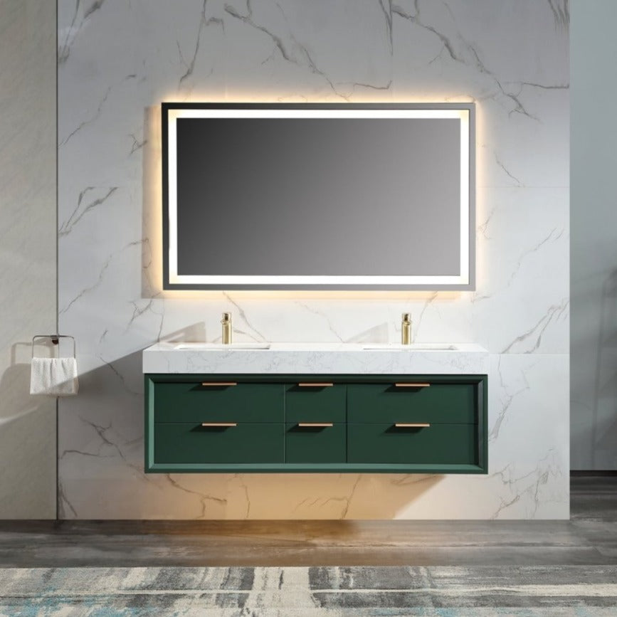 Glam 60" Green Modern Floating Bathroom Vanity Stone Slab Double Countertop - Luxury Bathroom Vanity