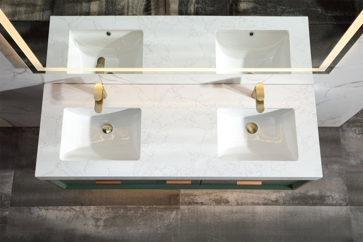 Glam 60" Green Modern Floating Bathroom Vanity Stone Slab Double Countertop - Luxury Bathroom Vanity