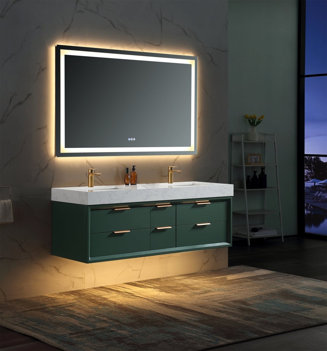 Glam 60" Green Modern Floating Bathroom Vanity Stone Slab Double Countertop - Luxury Bathroom Vanity