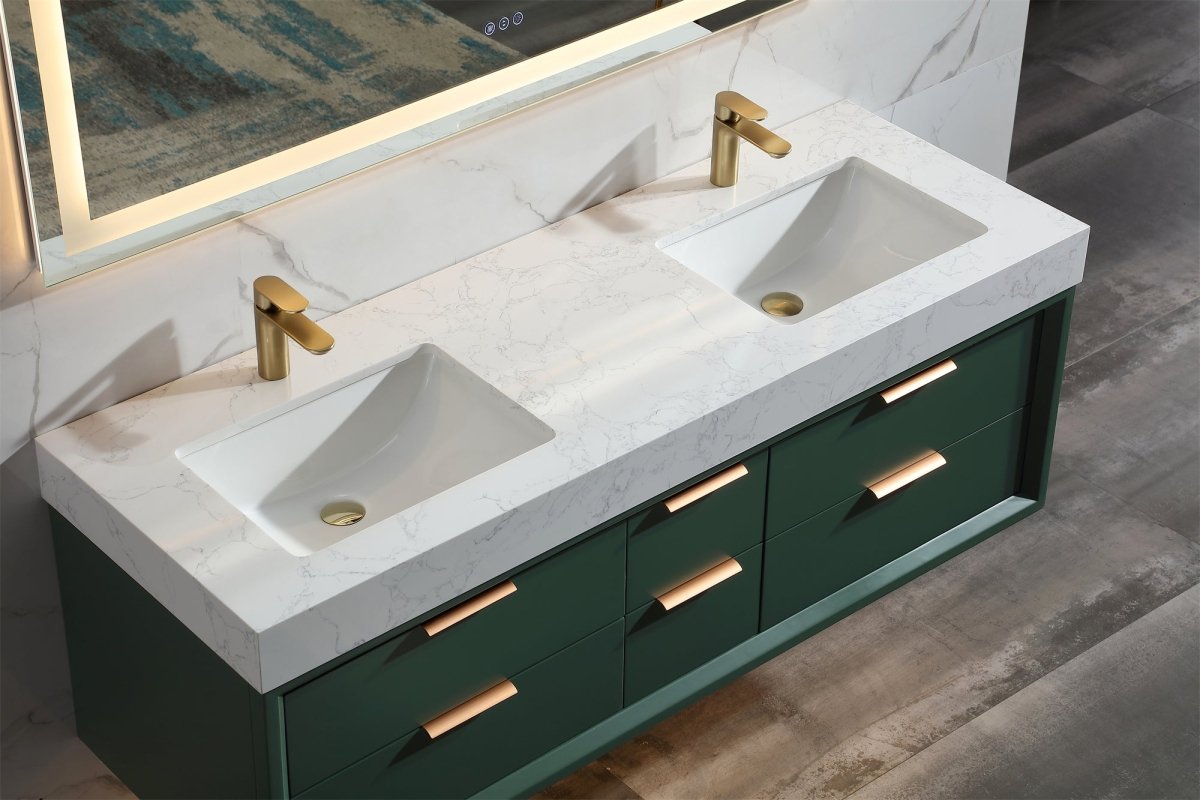 Glam 60" Green Modern Floating Bathroom Vanity Stone Slab Double Countertop - Luxury Bathroom Vanity
