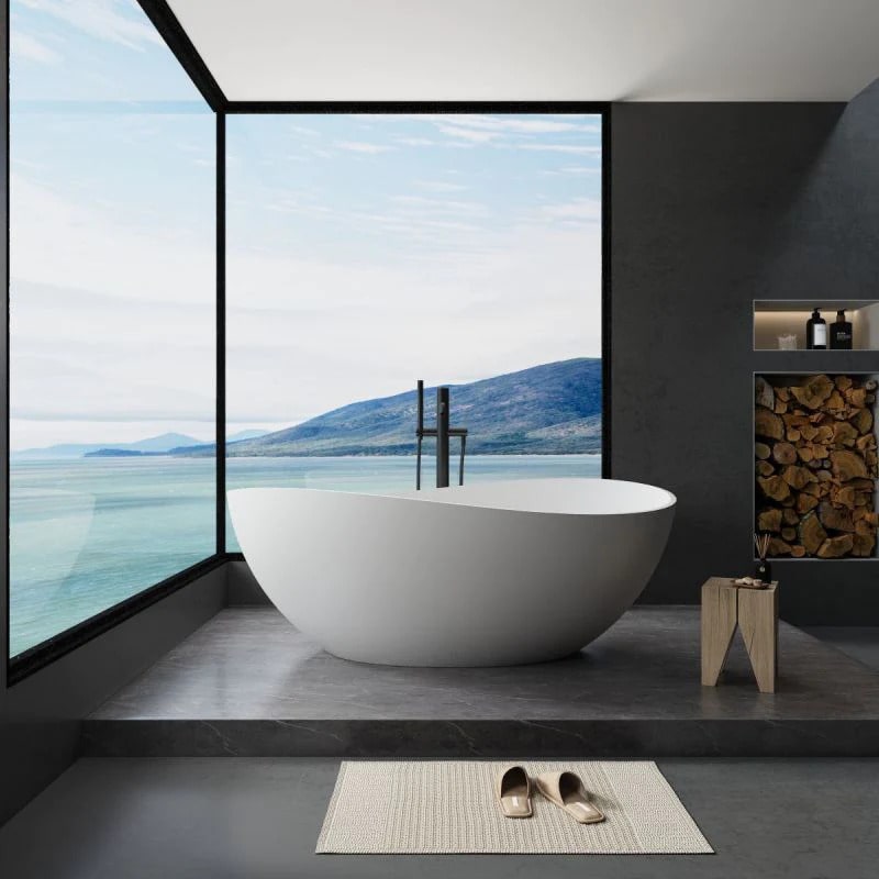 Matte White 63" Solid Stone Resin Bathtub with Overflow