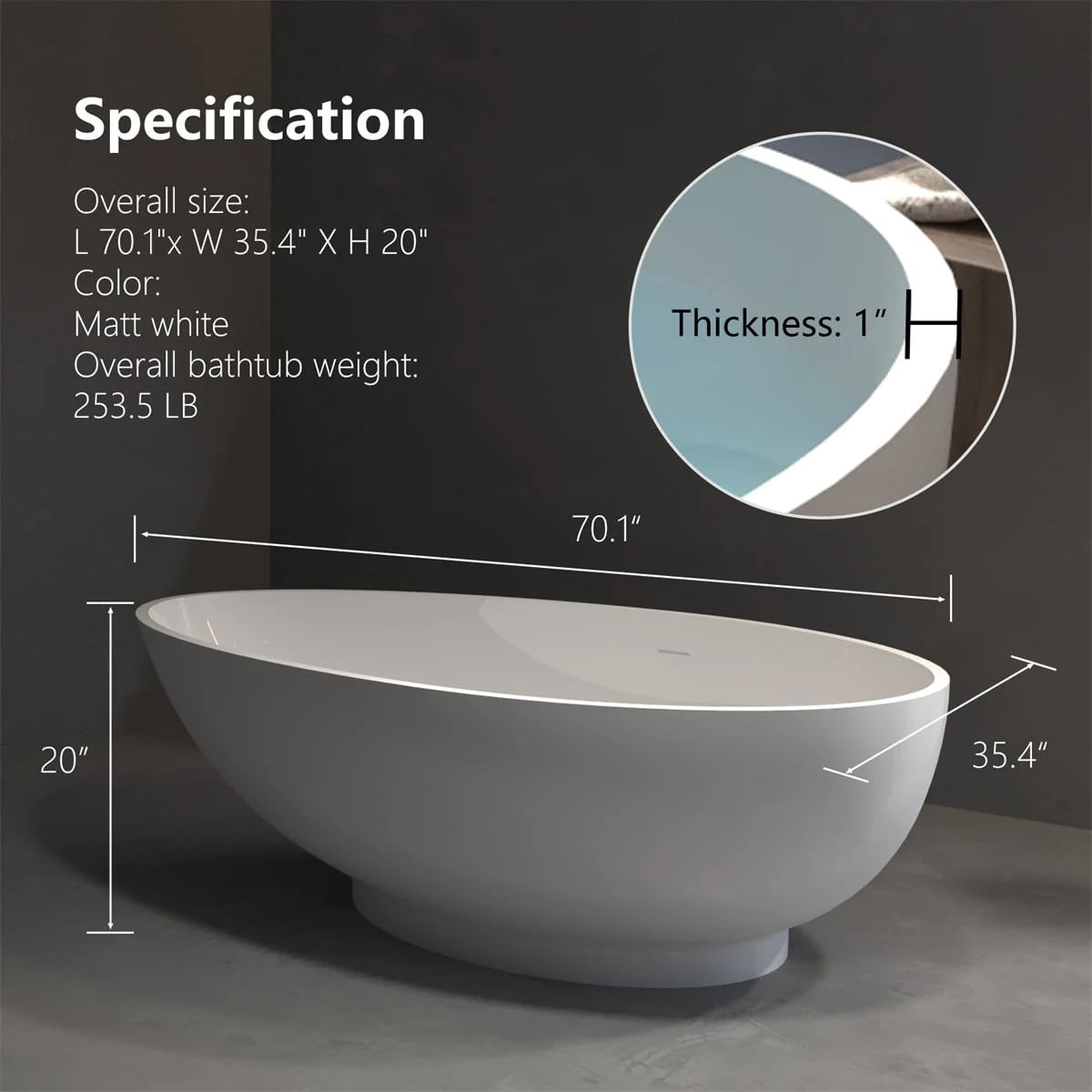 Egg Shaped 59" Bathtub - Solid Surface & Free Standing