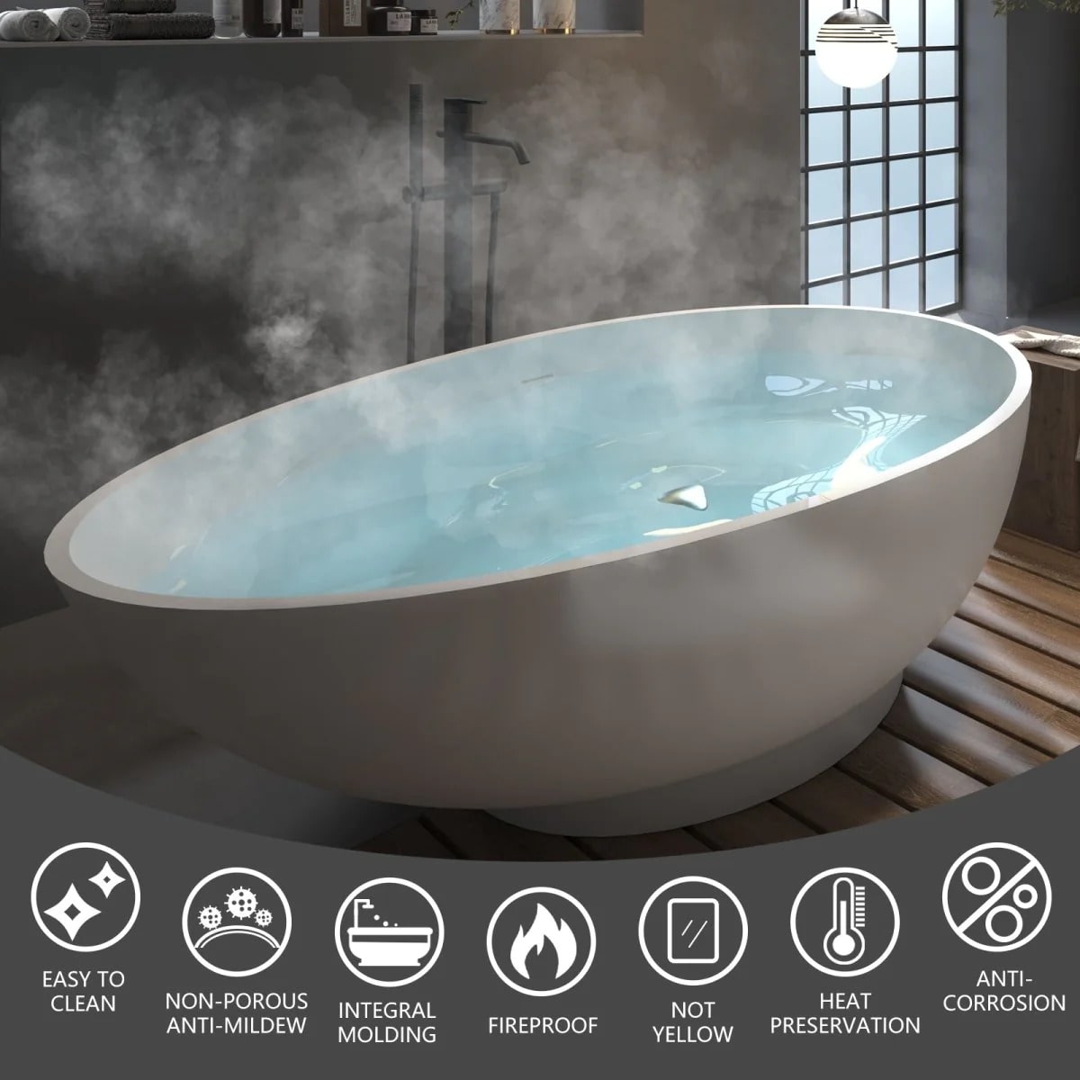 Egg Shaped 59" Bathtub - Solid Surface & Free Standing