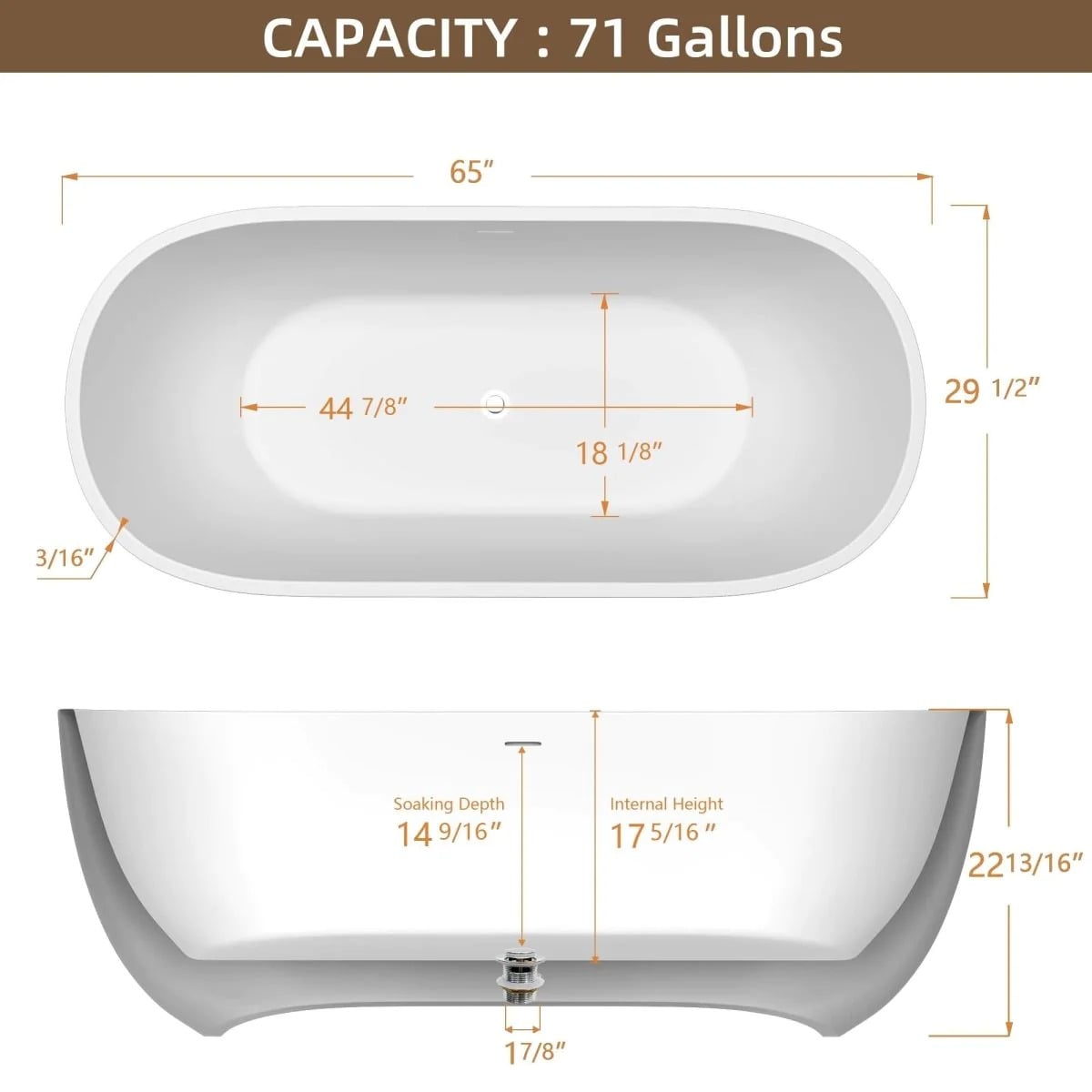 Matte White 65" Acrylic Classic Oval Freestanding Bathtub
