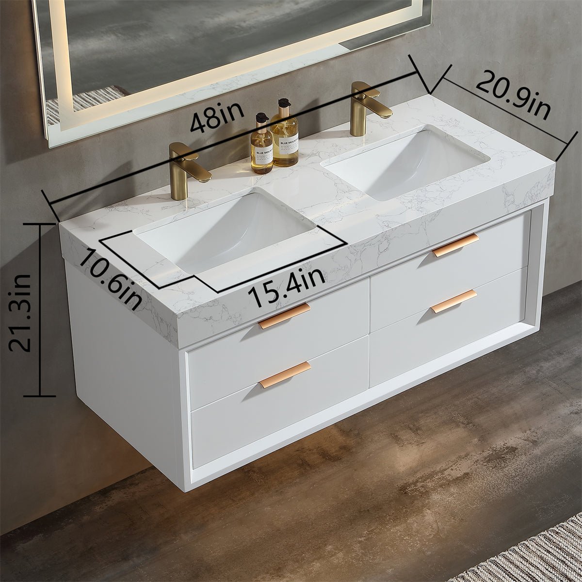 Glam 48" White Modern Floating Rubberwood Bathroom Vanity Stone Slab Double Countertop - Luxury Bathroom Vanity