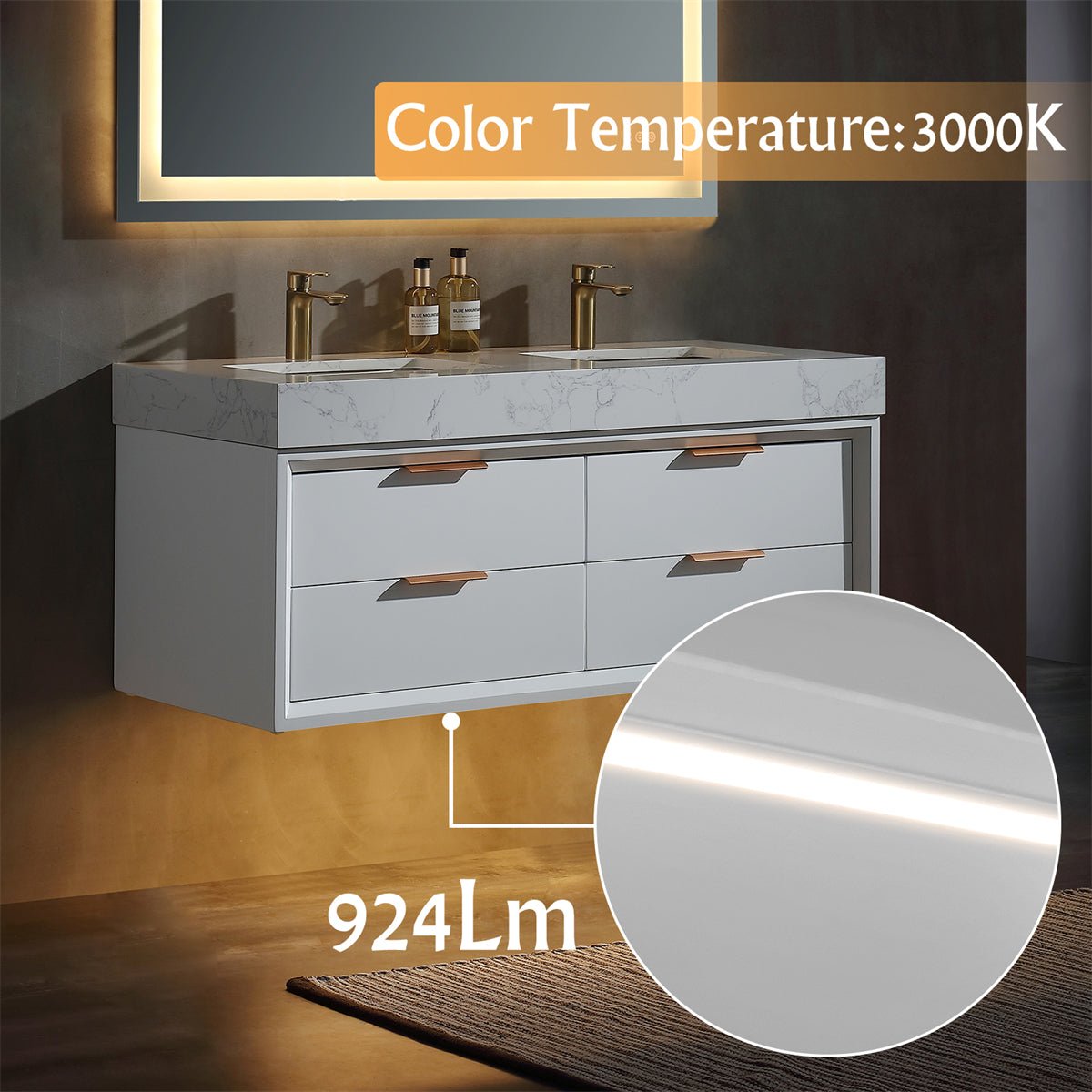 Glam 48" White Modern Floating Rubberwood Bathroom Vanity Stone Slab Double Countertop - Luxury Bathroom Vanity