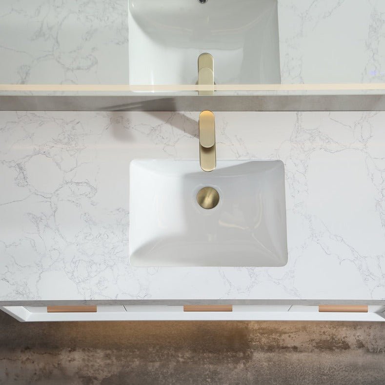 Glam 48" White Modern Floating Bathroom Vanity Stone Slab Countertop - Luxury Bathroom Vanity