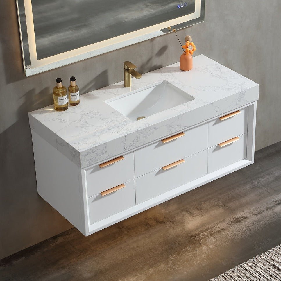 Glam 48" White Modern Floating Bathroom Vanity Stone Slab Countertop - Luxury Bathroom Vanity