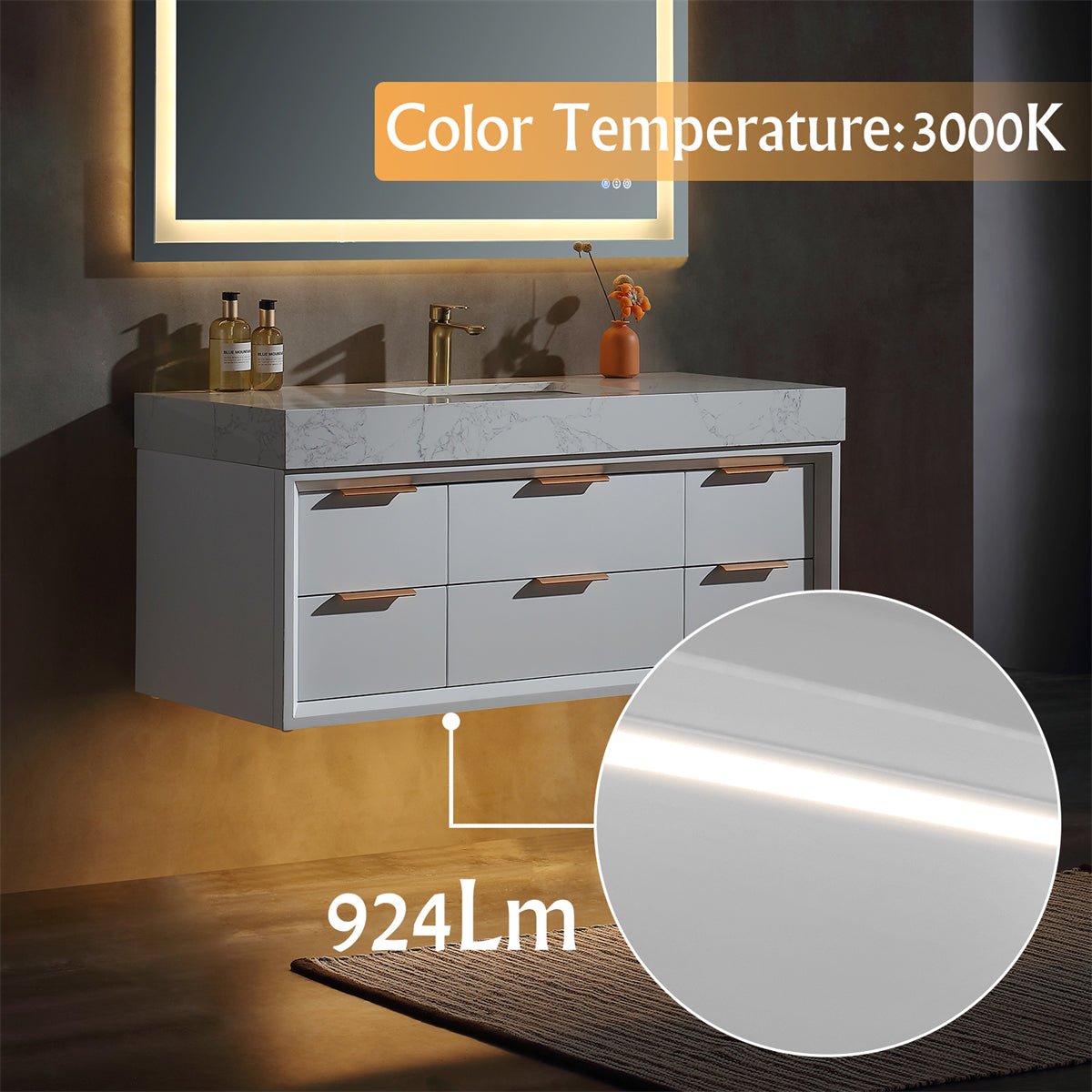 Glam 48" White Modern Floating Bathroom Vanity Stone Slab Countertop - Luxury Bathroom Vanity