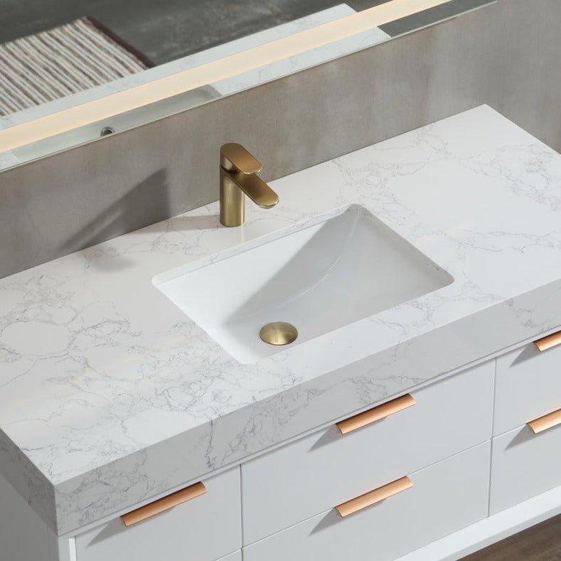 Glam 48" White Modern Floating Bathroom Vanity Stone Slab Countertop - Luxury Bathroom Vanity