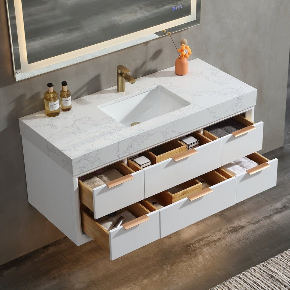 Glam 48" White Modern Floating Bathroom Vanity Stone Slab Countertop - Luxury Bathroom Vanity