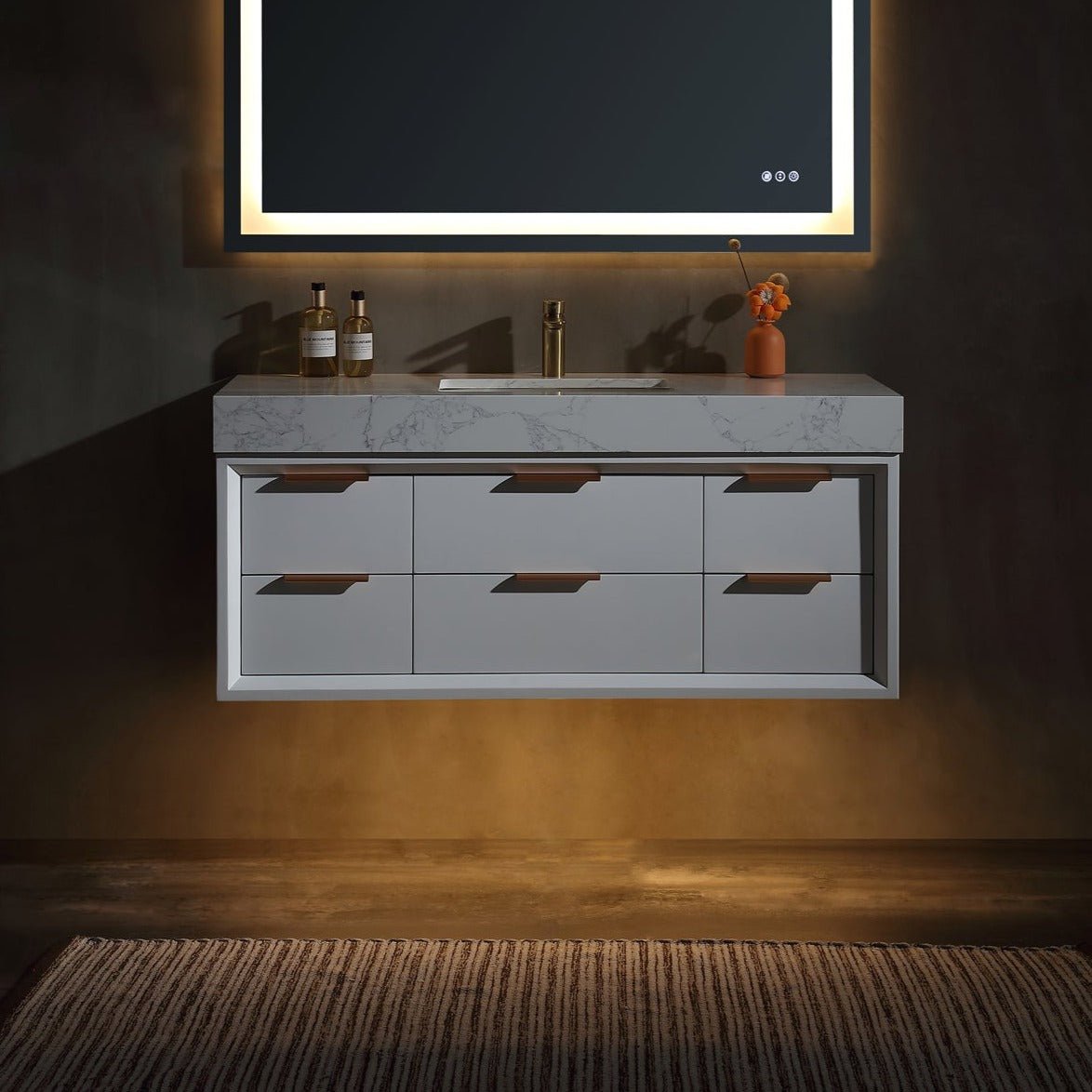 Glam 48" White Modern Floating Bathroom Vanity Stone Slab Countertop - Luxury Bathroom Vanity