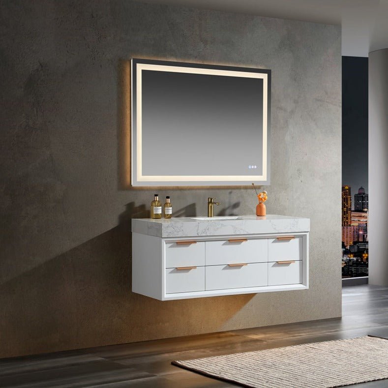 Glam 48" White Modern Floating Bathroom Vanity Stone Slab Countertop - Luxury Bathroom Vanity