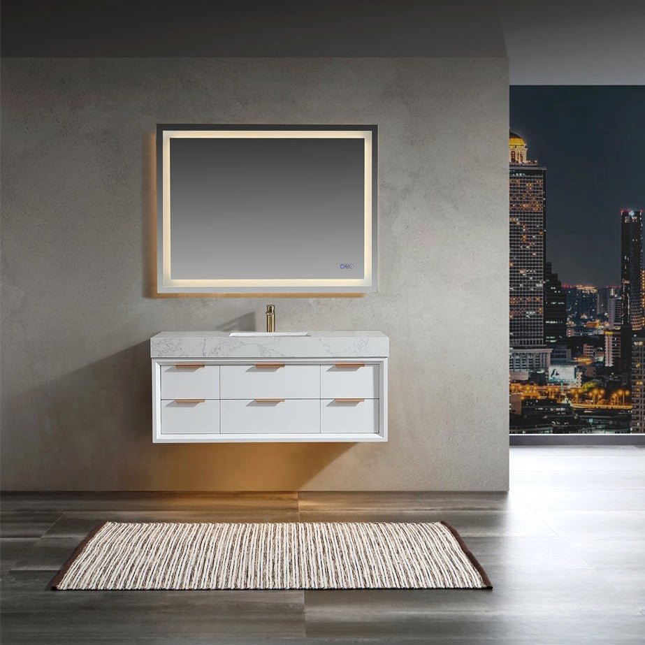 Glam 48" White Modern Floating Bathroom Vanity Stone Slab Countertop - Luxury Bathroom Vanity