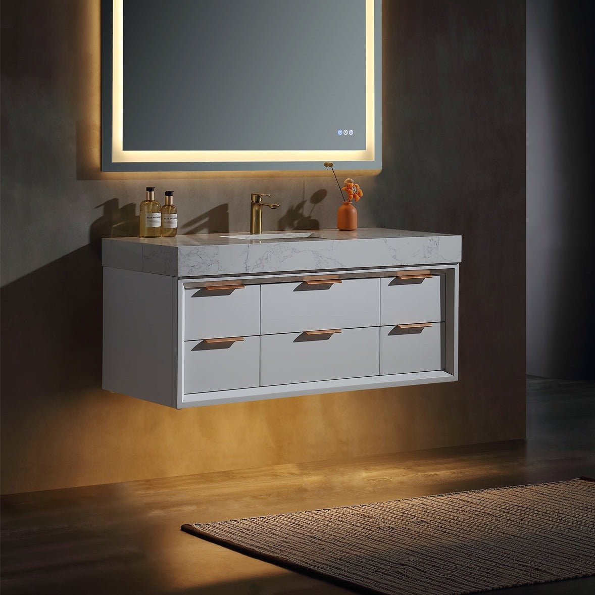 Glam 48" White Modern Floating Bathroom Vanity Stone Slab Countertop - Luxury Bathroom Vanity
