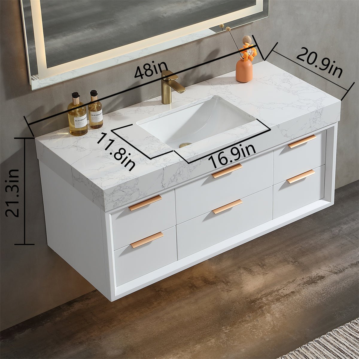 Glam 48" White Modern Floating Bathroom Vanity Stone Slab Countertop - Luxury Bathroom Vanity