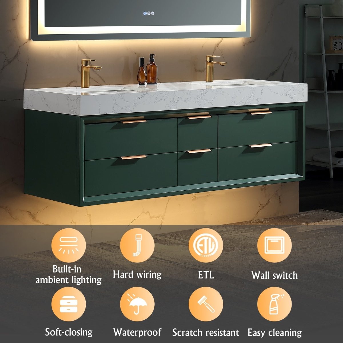 Glam 60" Green Modern Floating Bathroom Vanity Stone Slab Double Countertop - Luxury Bathroom Vanity