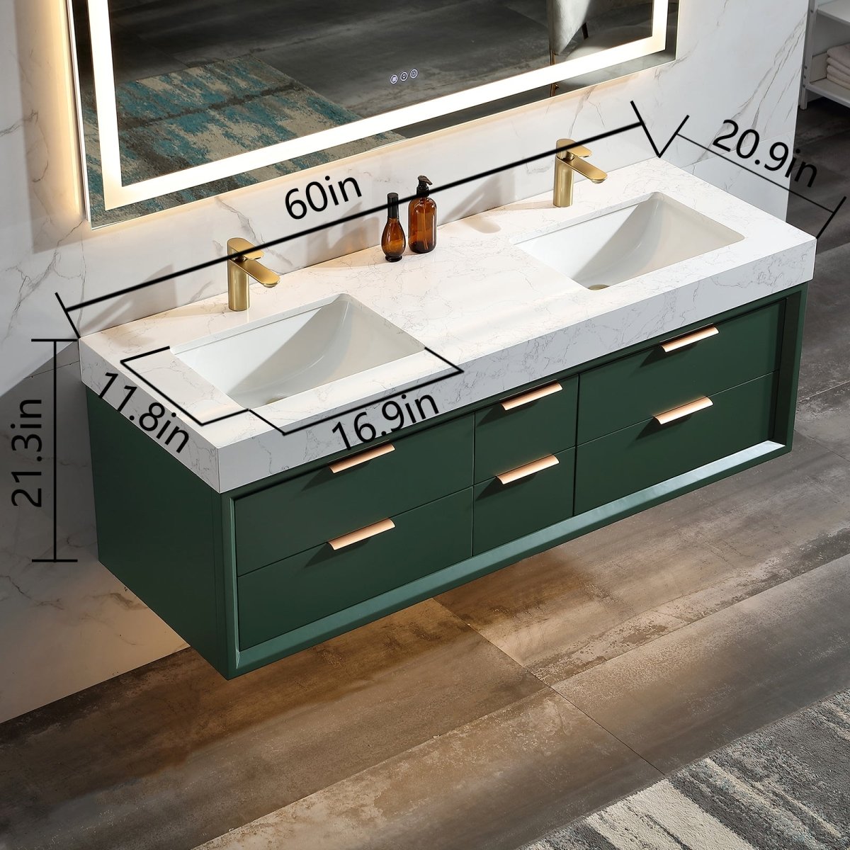 Glam 60" Green Modern Floating Bathroom Vanity Stone Slab Double Countertop - Luxury Bathroom Vanity