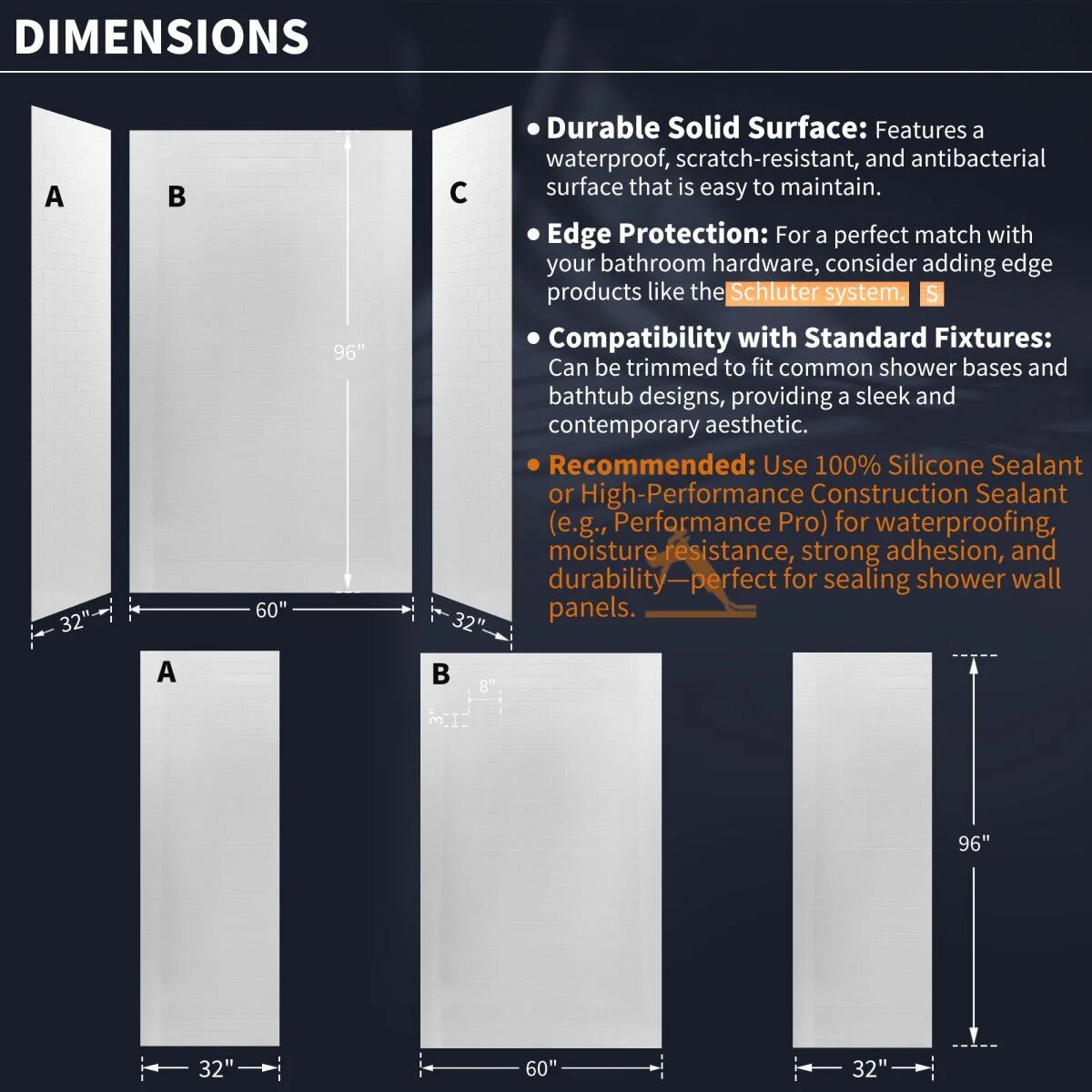 Clearstone™ Modern Mini Tile Shower Wall Panels 32D x 60W x 96H