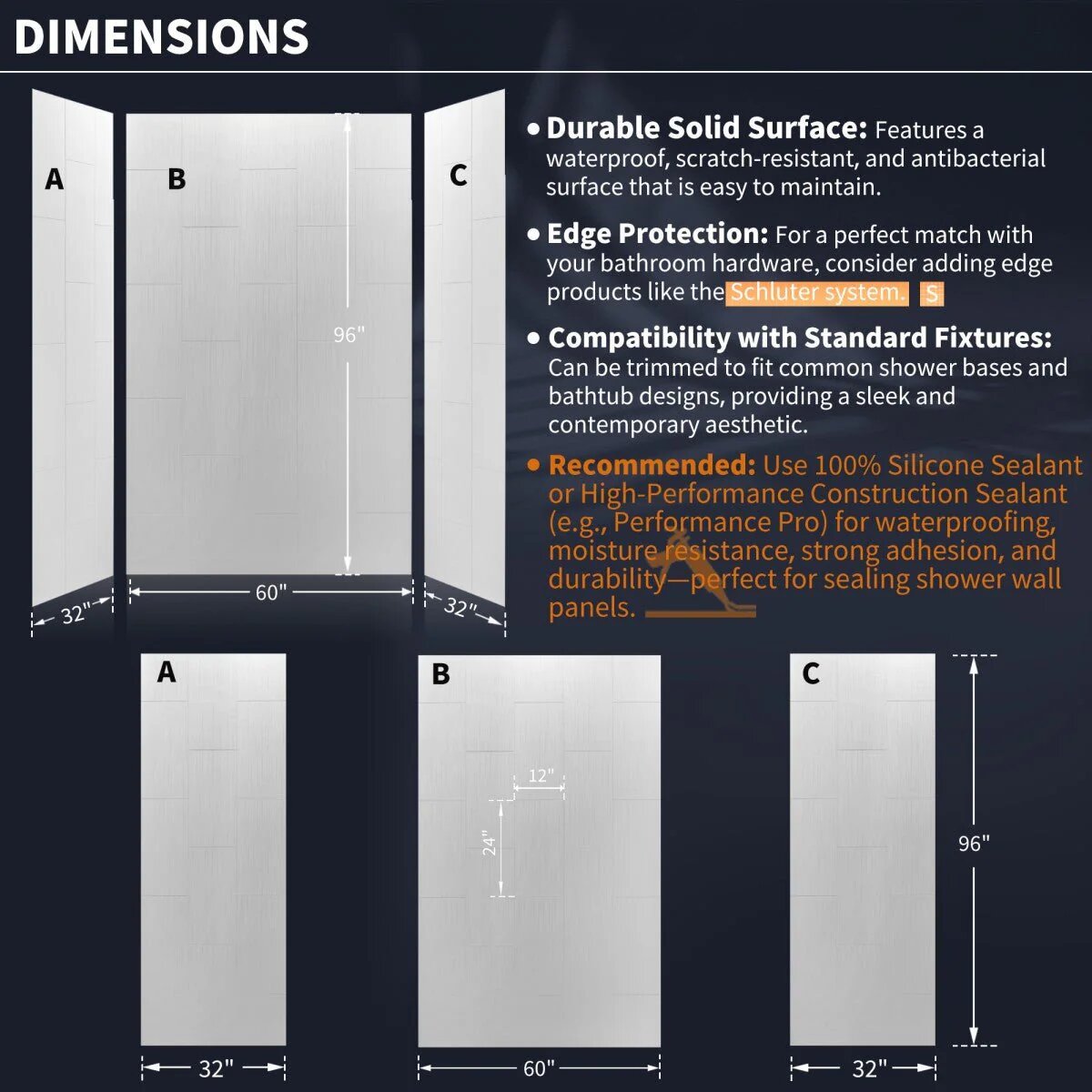 Clearstone™ Vertical Subway Tile Shower Wall Panels 32D x 60W x 96H