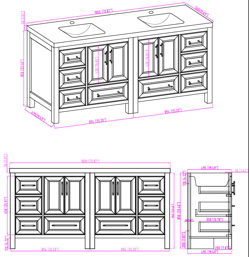 VIV 72" Solid Wood Freestanding Bathroom Vanity with Double Sink