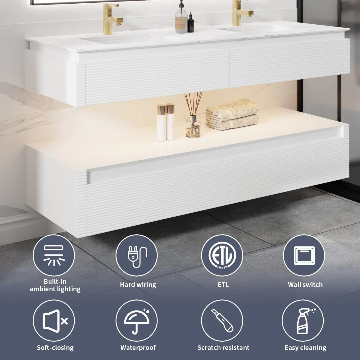 Segeo 60" Modern Solid Oak Luxury Bathroom Vanity with Marble Countertop