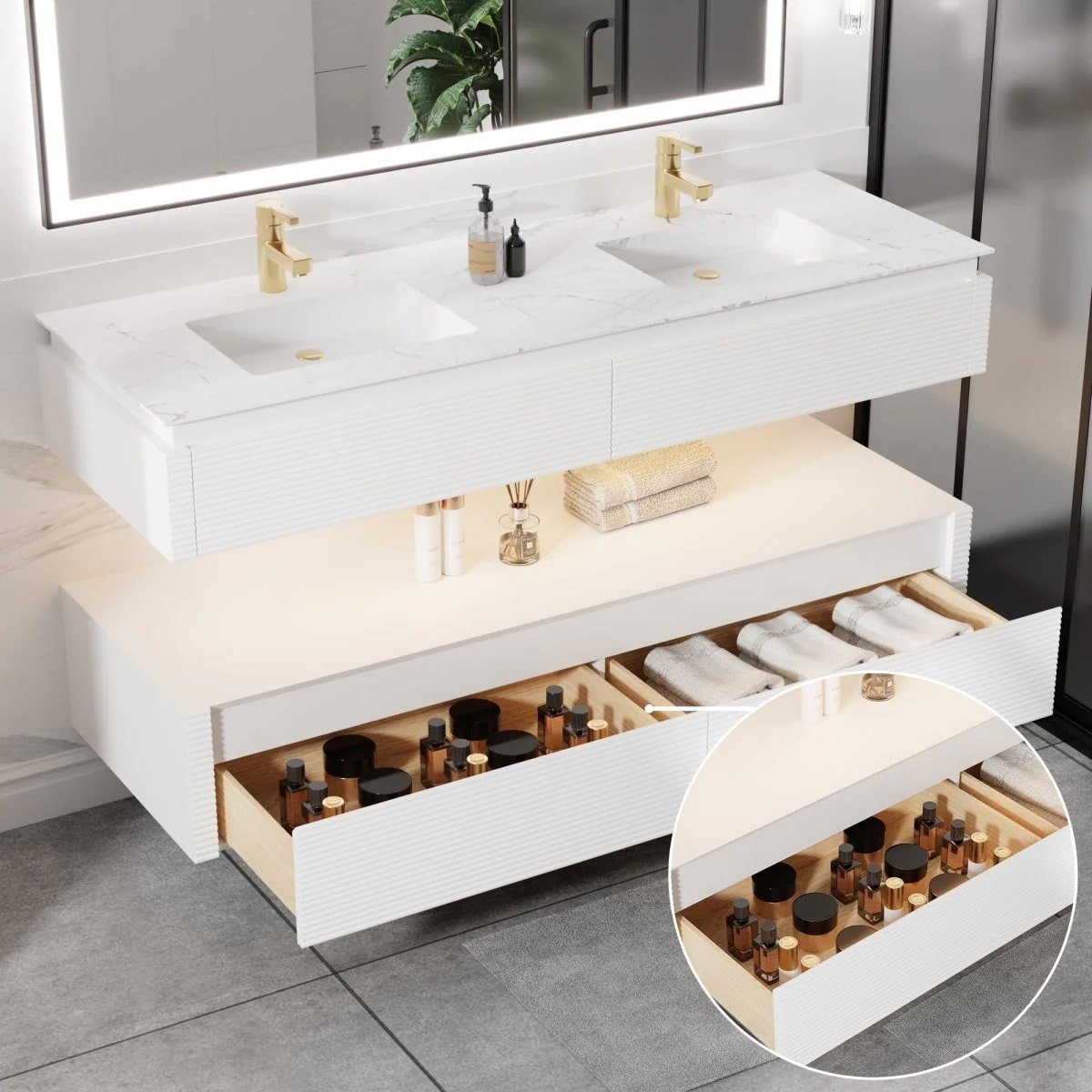 Segeo 60" Modern Solid Oak Luxury Bathroom Vanity with Marble Countertop