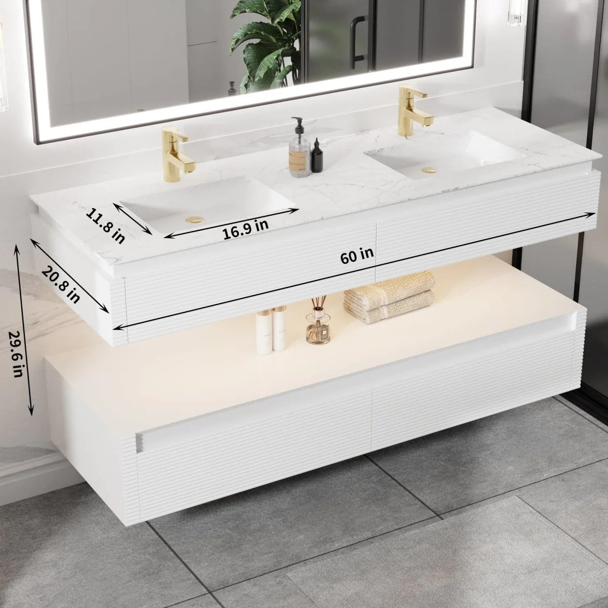 Segeo 60" Modern Solid Oak Luxury Bathroom Vanity with Marble Countertop
