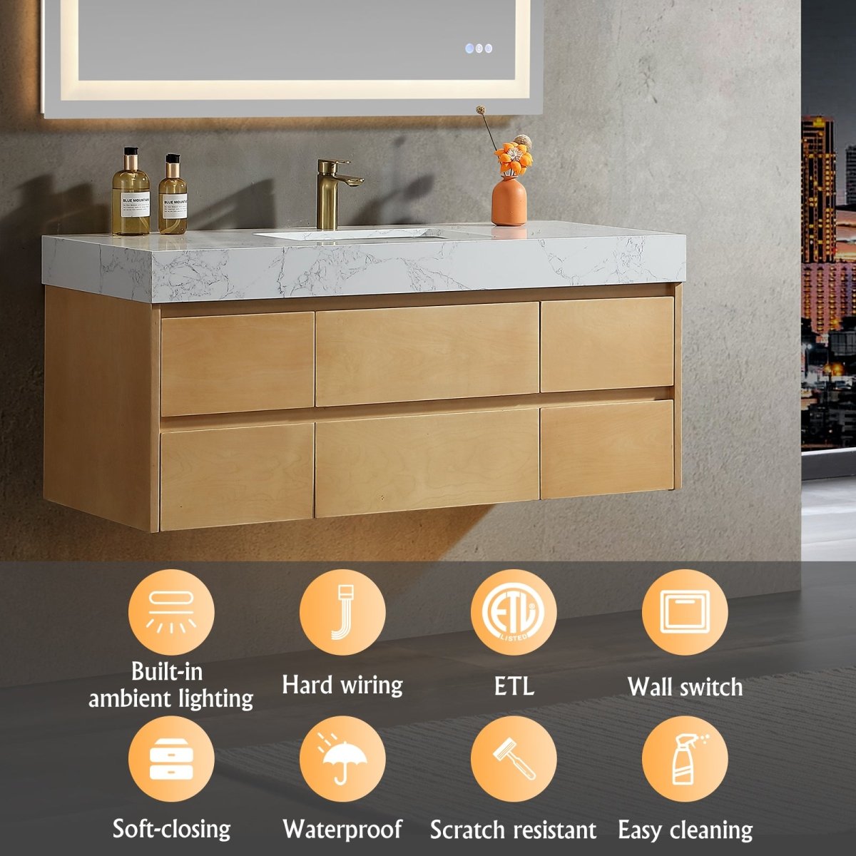 Maple Wood 48" Modern Luxury Bathroom Vanity with Stone Countertop