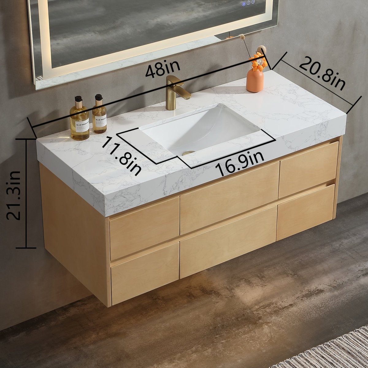 Maple Wood 48" Modern Luxury Bathroom Vanity with Stone Countertop