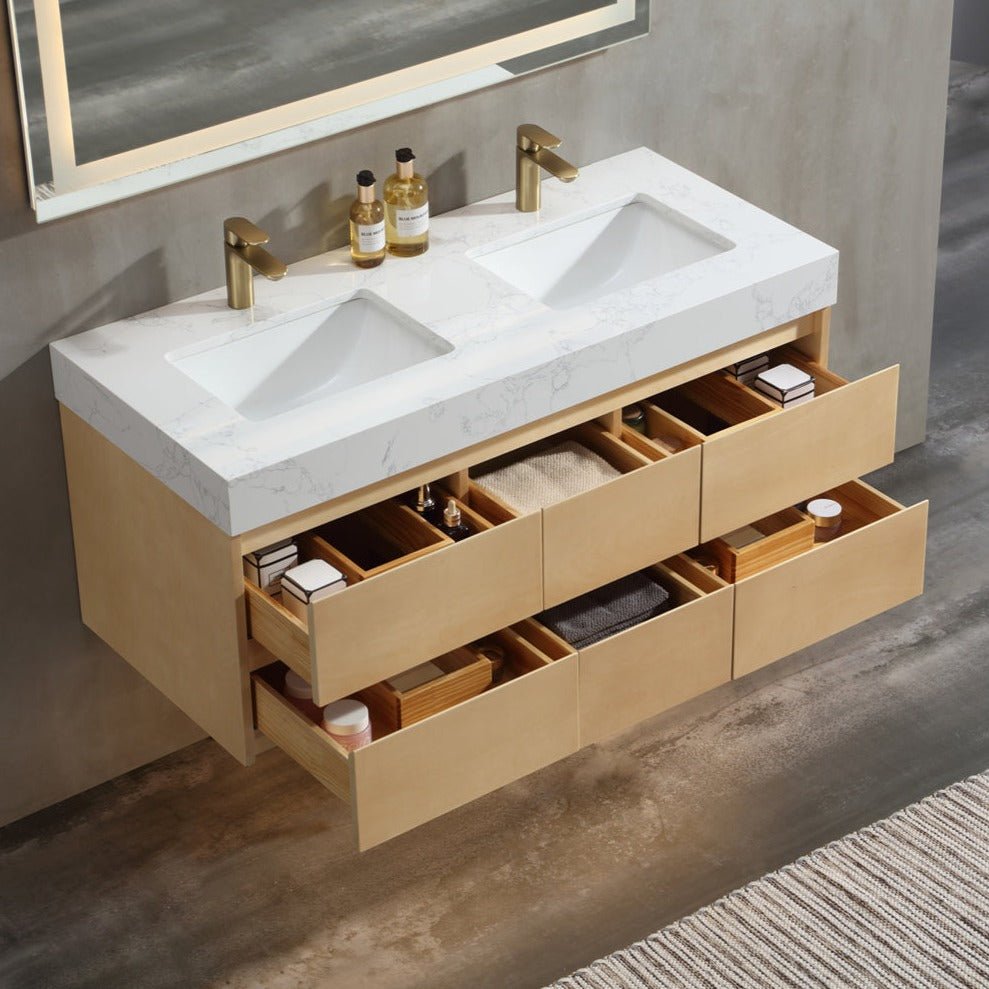 Maple Wood 48" Modern Luxury Bathroom Vanity with Stone Double Countertop