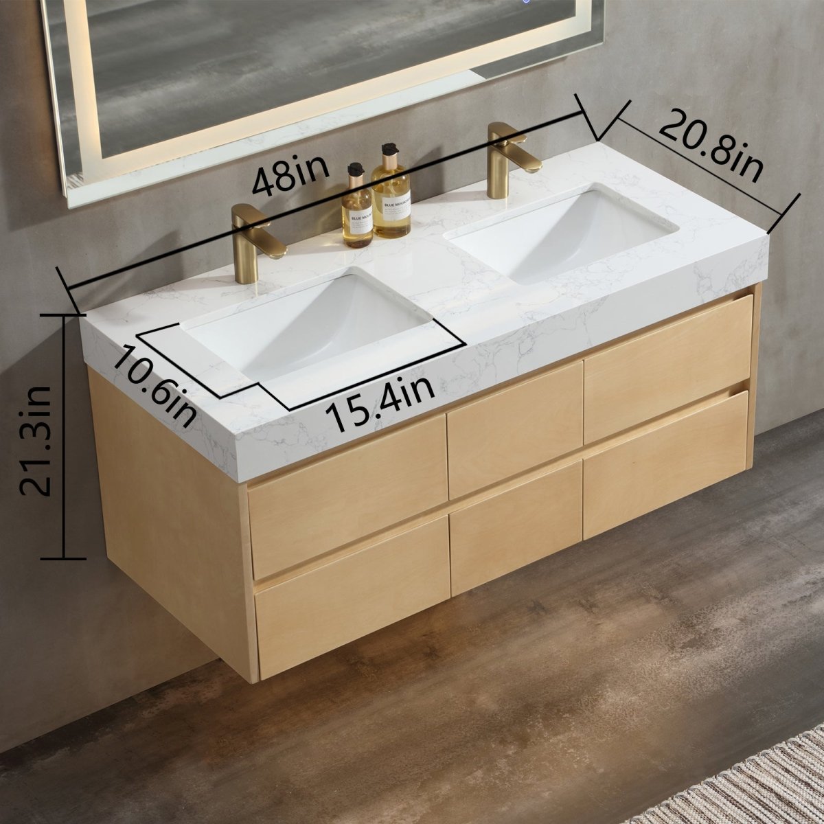Maple Wood 48" Modern Luxury Bathroom Vanity with Stone Double Countertop