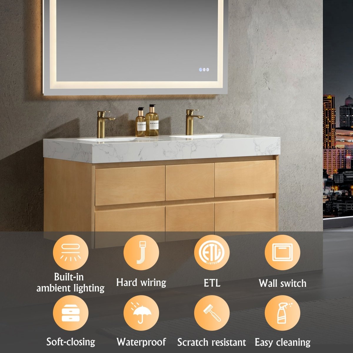 Maple Wood 48" Modern Luxury Bathroom Vanity with Stone Double Countertop